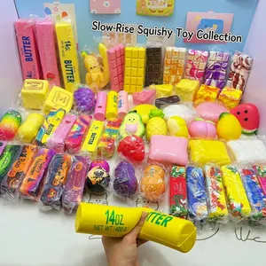 Gedetailleerd overzicht van de verzameling traag terugverende squishy-speeltjes.