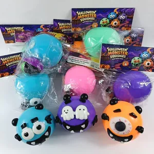 Detailed view of colorful Halloween monster squishies made of slow-rising TPR stress relief material