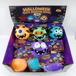 Set of colorful Halloween monster squishy toys in a display box, TPR slow-rising.