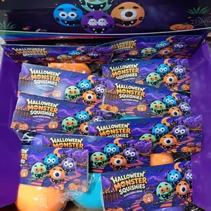 Bulk pack of Halloween Monster Squishies in colorful cardboard packaging stress toys
