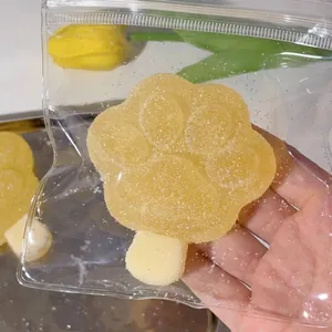 Detailed macro view of yellow cat paw squishy toy with sugar-like texture in a clear bag