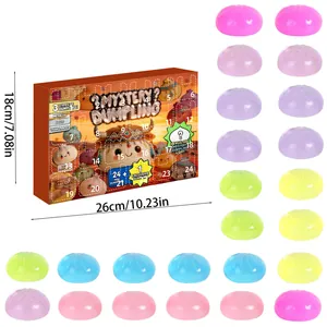 Vue détaillée du calendrier de l'avent Mystery Dumpling avec 24 jouets squishy colorés