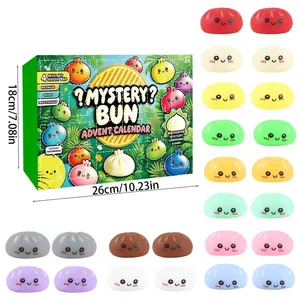 Calendario dell'avvento mystery bun con 24 giocattoli squishy colorati e dimensioni