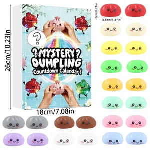 Detailed view of mystery dumpling countdown calendar and various colorful squishy fidget toys