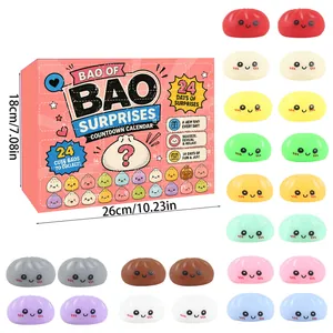 Dettaglio del set blind box Bao Surprise con 24 giocattoli squishy colorati e misure.