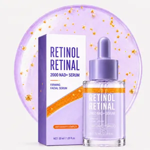 Retinol und Retinal 2000 NAD+ Serum mit lila Verpackung und Geltextur.
