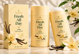 Detail view of vanilla-scented deodorant stick with cream packaging and floral art