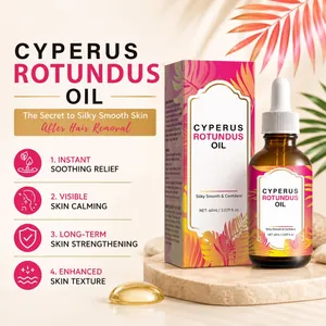 Gros plan sur l'huile de Cyperus Rotundus 60ml, flacon et emballage aux motifs tropicaux