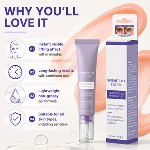 Detail view of Instant Lift Eye Gel tube and packaging box with product benefits