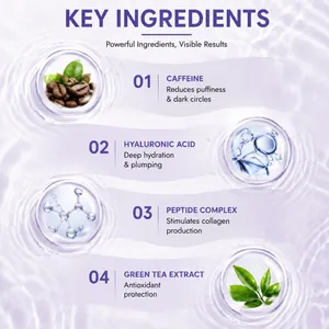 Detail of eye cream ingredients: caffeine, hyaluronic acid, peptide, green tea extract.