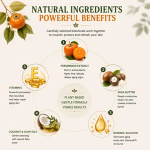 Infographie des ingrédients naturels du savon au kaki contre les odeurs corporelles