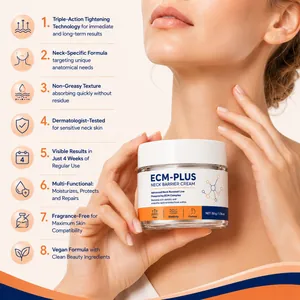 Detail view of ECM-PLUS neck barrier cream 50g showing key benefits and firming formula.