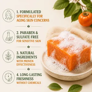 Vue détaillée de la barre de savon au kaki mousseuse avec bienfaits naturels pour peau