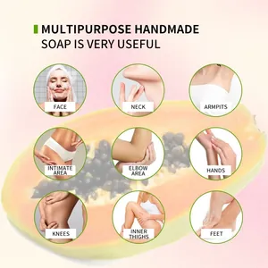Infografica con aree di applicazione del sapone alla papaya per viso, collo e corpo