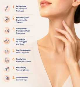 Detail view showcasing 8 benefits of neck barrier repair cream on a female model.