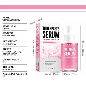 Detailed specifications of 20ml fluoride-free toothpaste serum showing box size and weight