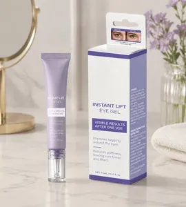Close-up of lavender instant lift eye gel 15ml tube and box with detailed usage instructions