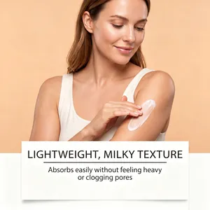 Close-up of a lightweight milky body lotion absorbing quickly into the skin detail view.