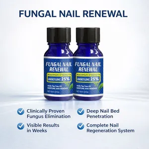 Détail montrant deux flacons de 15 ml d'une solution de traitement contre les mycoses des ongles.