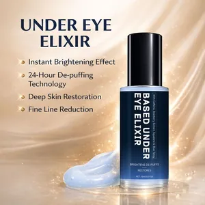 Macro detail of under eye elixir serum showing blue gel texture on a luxury golden background