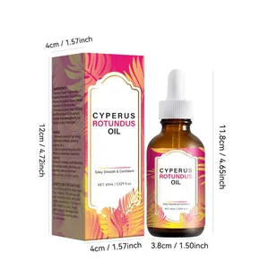 Dimensions du produit Cyperus Rotundus Oil 60ml avec détails du flacon et de l'emballage.