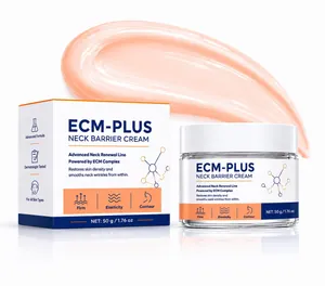 Professional view of ECM-PLUS neck barrier cream jar and packaging with cream smear