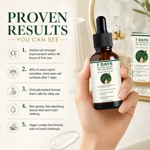 Detailed view of Tea Tree and Ginger Nail Care Serum bottle with clinical result highlights
