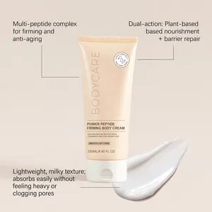 Detail of firming peptide body cream showing smooth milky texture and benefits