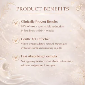 Detailed list of product benefits for anti-aging retinol eye cream showing clinical results