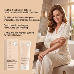 Woman applying moisturizing peptide firming body cream in a luxury bathroom scene