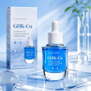 Detail view of GHK-Cu Copper Peptide Advanced Firming Serum in 30ml blue glass bottle