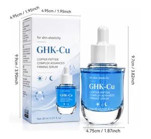 Close-up of GHK-Cu Copper Peptide Complex Advanced Firming Serum 30ml with box dimensions