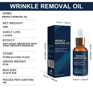 Detailed specifications and dimensions for 30ml wrinkle removal oil bottle and packaging box