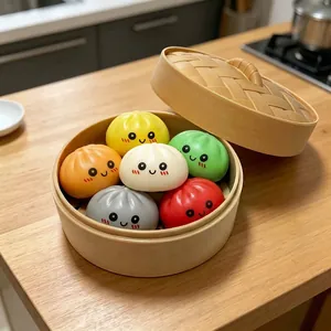 Colorful slow rebound bun squishy toy set in a bamboo steamer for stress relief.