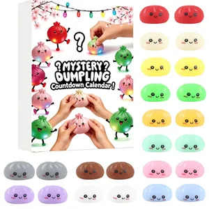 Display of the mystery dumpling countdown calendar and all various colorful squishy toys