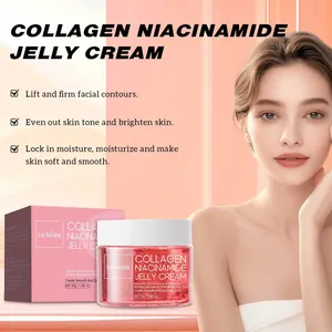Close-up of Collagen Niacinamide Jelly Cream jar and box with skin benefits listed in English