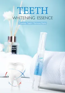Primer plano del lápiz blanqueador dental con gráfico de diente y fondo de spa azul.