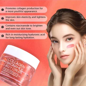 Detail view of collagen niacinamide jelly cream texture on model's face for skin hydration