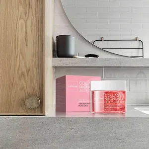 Macro view of Sauvasine Collagen Niacinamide Jelly Cream jar and box on a stone vanity