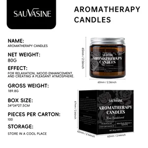 Spécifications détaillées de la bougie SAUVASINE 80g cire de soja rose bois de santal.