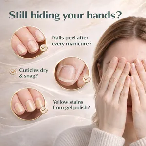 Nail repair serum detailing peeling nails, dry cuticles, and yellow stains for manicure care.