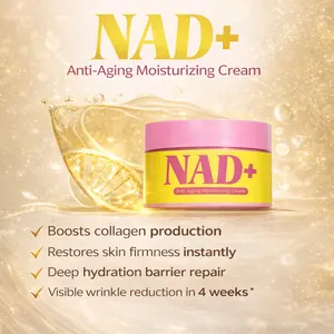 Λεπτομέρεια κρέμας NAD+ με πολυτελές χρυσό φόντο και σταγόνες υγρού για αντιγήρανση