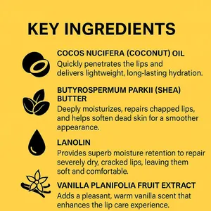 Key natural ingredients list for vanilla lip balm detailing shea butter and coconut oil benefits.