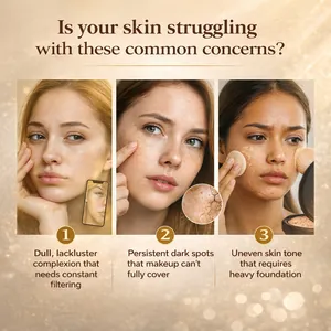 Detail illustration showing dullness, dark spots, and uneven skin tone concerns.