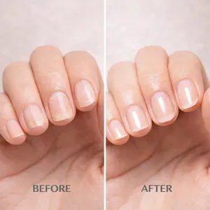 Before and after comparison of nail repair treatment showing improved gloss and health.