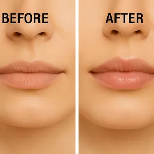 Lip close-up showing visible hydration effect before and after using vanilla lip balm.
