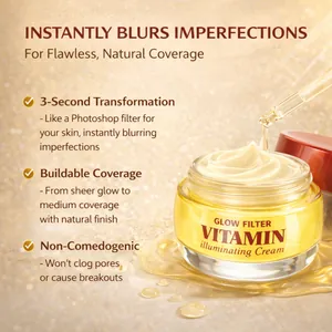 Detailed view of Vitamin Glow Filter Cream showing rich texture and clear dropper liquid.