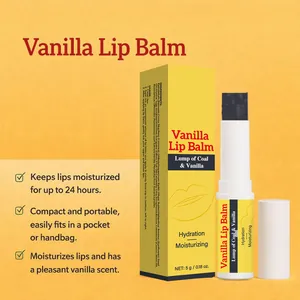 Vanilla lip balm packaging and stick detail highlighting 24-hour hydration benefits
