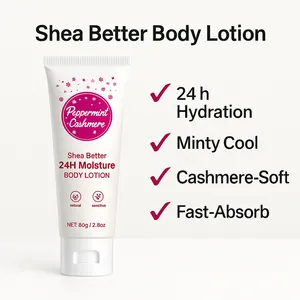 Detalle de la loción corporal Shea Better Peppermint Cashmere para 24h de hidratación.