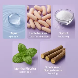 Vista detallada de los ingredientes del spray bucal probiótico con xilitol y menta fresca.